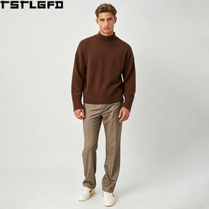 Custom <b>Wool</b> Blend Mock Neck Knit <b>Sweater</b> <b>Men</b> Chocolate Brown Funnel Collar Pullover Wholesale Bulk - Product Image 4
