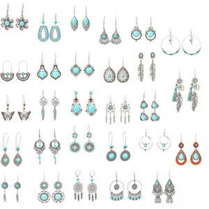 Pendientes Colgantes de Turquesa, Estilo Bohemio Geométrico, Joyería de Fiesta para Mujer, Aleación de Plata Tibetana con Engaste de Bisel, Pendientes de Moda - Product Image 5