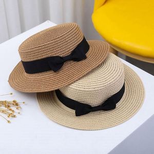 Wholesale Summer Children Beach <b>Hats</b> Sunshade Sun protection <b>Flat</b> Top Kids Straw <b>Hat</b> With Ribbon - Product Image 3