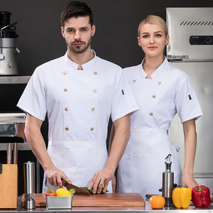 Logotipo personalizado Hotel Restaurante Cafetería Trabajo <span class=keywords><strong>de</strong></span> cocina Ropa <span class=keywords><strong>de</strong></span> chef <span class=keywords><strong>de</strong></span> manga corta Panadería Pastelería Chef Top y <span class=keywords><strong>delantal</strong></span> - Product Image 1