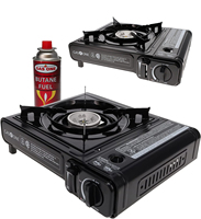 Réchaud portable manuel à gaz butane pour la randonnée, le camping et la cuisine, léger et simple, avec boîte de couleur incluse.