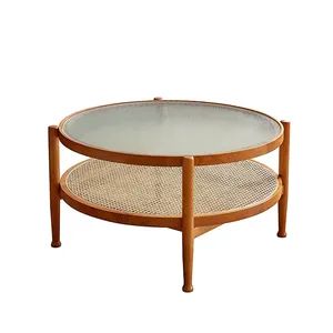 Table basse en verre style japonais, en bois de cerise massif, tissage rond à deux couches, nouvelle collection 2020