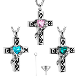Collana urna frassino cremazione gioielli cremazione collana per cenere croce urna con cuore intarsiato 12 colore Birthstone - Product Image 1