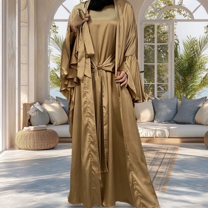 Women 2 Pieces Abaya <b>Set</b> Chic Lace up Waist Inner Dress and Ruffle Sleeves Cardigan Smooth Thin Satin Eid Muslim Abaya 1925# - Product Image 3