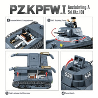 Modèle de blocs de construction en plastique ABS Panzer I Ausf.A allemand de la Seconde Guerre mondiale, véhicule militaire, jouet d'assemblage créatif pour adolescents et adultes