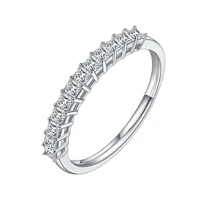 RINNTIN SR277 Perhiasan Romantis 925 Perak Murni Cincin Kawin Berlapis Rhodium 2*2Mm Putri Potong 4A Cincin Zirkon untuk Wanita