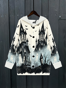 Cardigan à capuche boutonné pour <span class=keywords><strong>femme</strong></span>, imprimé gothique château hanté, chauve-souris et toile d'araignée, manteau décontracté pour le quotidien et les fêtes, personnalisation possible - Product Image 3