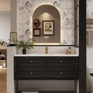 Retro black bathroom cabinet combination French oval mirror cabinet bathroom light luxury washbasin - Product Image 4