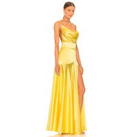 Fabrication sur mesure de haute qualité de luxe robe de soirée élégante en satin jaune pour femmes robes à bretelles spaghetti dos nu à fente haute