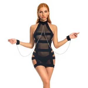 Sexy bondage lingerie ver através malha cinta lace-up halter oco tração cadeias erótico noite vestido 6513