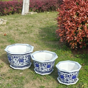 Pot de fleurs en céramique de Jingdezhen, porcelaine bleue et blanche, pot octogonal Hibiscus, plateau, balcon, plante verte d'extérieur, fait main, chinois - Product Image 3