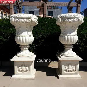 Hand Carved Lovely Stone Vase Natural White Marble Garden Planter Flower Pot