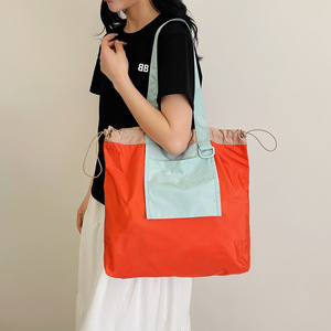Foldable Tote Bag Color Block Drawstring Shoulder Bag Lightweight Nylon Reusable Shopping Bag Eco Friendly Portable Grocery Bag - Product Image 4