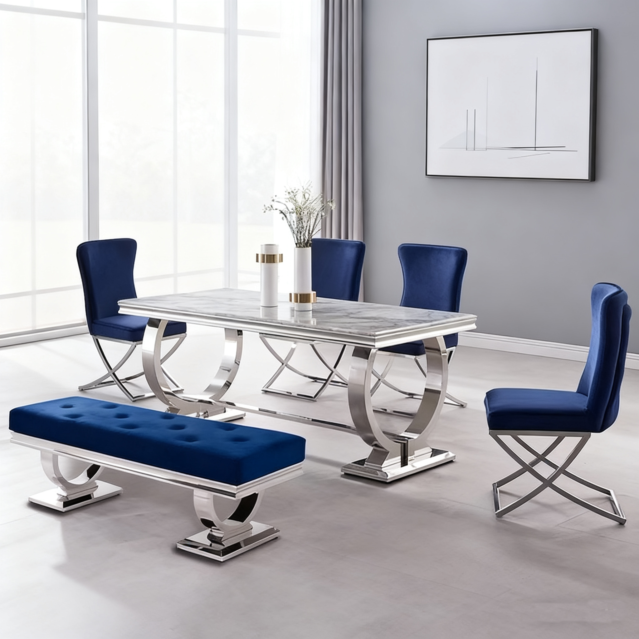 House Dining Room Furniture Rectangular Stainless Steel Dining Table Set Luxury 6 Seater Marble Dining Table With Chairs