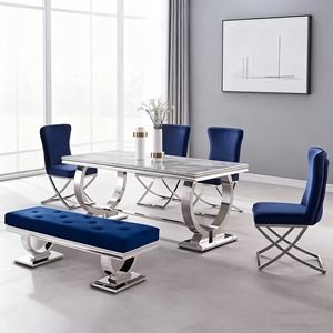 Juego de Comedor de Lujo para Casa con Mesa Rectangular de Mármol y Acero Inoxidable para 6 Personas con Sillas - Product Image 1