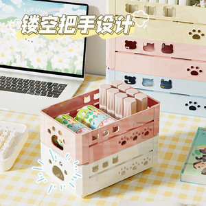 Foldable Desktop <b>Storage</b> <b>Basket</b> <b>Large</b> Capacity Stackable Plastic With Handle For Stationery Cosmetics Household Use - Product Image 4