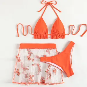 2022性感女性橙色3件套蝴蝶透明网眼比基尼遮盖吊带裤泳衣年轻女士泳装比基尼