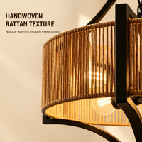 Lampe suspendue vintage en rotin tressé à la main, réglable en hauteur, en fer noir mat, pour les pièces alimentées par courant alternatif