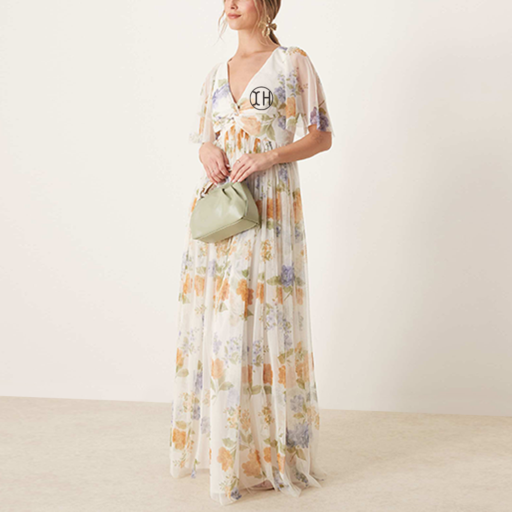 Designer Women Trendy Floral Printed Front Twist V Neck Chiffon Dress Casual  Zipper Flutter Sleeve Pleated Dresses| Alibaba.com