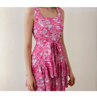 Robe mini vintage rose à fleurs, sans manches, coupe trapèze, taille élastique, ajustée, en coton 100% écologique de qualité supérieure, idéale pour les vacances