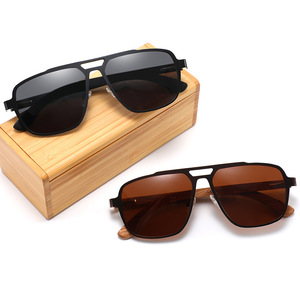 Gafas de sol de aviador metálicas transfronterizas para hombre con patillas de madera, lentes TAC polarizadas UV400, montura negra - Product Image 3