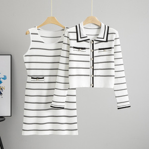 Knit <b>Dress</b> And <b>Cardigan</b> Set Women Cotton Striped Sleeveless A Line Round Neck <b>Cropped</b> <b>Cardigan</b> Long Sleeve Casual Office OEM - Product Image 1
