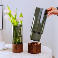 Vase en plastique hydroponique Deermei, plateau en bois, vase de table moderne, arrangement floral simple, vase circulaire noir