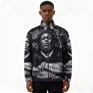 Custom Men's Street Urban Trend Wave Style Stand Collar Tapestry Jacket <strong>Long</strong> Sleeve Zipper Oversized Windbreaker Jacket - Product Image 1