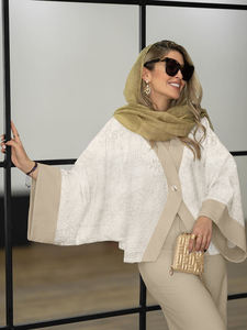 Ensemble deux pièces beige patchwork col en V, chemisier jacquard à manches kimono et pantalon large, 100 % polyester, vêtements islamiques élégants - Product Image 2