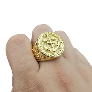 Pride 18K Gold Hip Hop Gang Society Anchor Pattern Ring Customized Engraved Stainless Steel Diamond Man Ring Jewelry