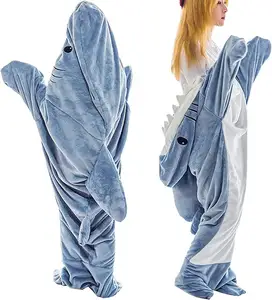 Aiyisha selimut Hoodie hiu ukuran penuh dapat dipakai Onesie bulu halus nyaman baru untuk anak-anak dewasa