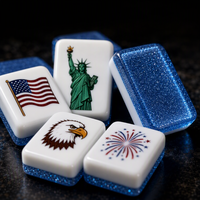 Ensemble de Mahjong Jour de l'Indépendance – Tuiles de Mahjong bleues à paillettes avec motifs feux d'artifice et étoiles – Cadeau de Mahjong en acrylique de qualité supérieure