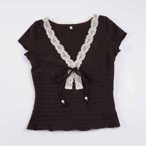 Women's <b>Brown</b> Deep V-Neck Short-Sleeved T-Shirt with Lace Trim Sexy Slim Fit Vintage Aesthetic <b>Tie</b>-Front Crop Top - Product Image 6