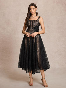 Черное женское вечернее платье макси с квадратным вырезом, без рукавов, с открытой спиной, ручной вышивкой бисером и цветочным узором, декором из кружева и корсетной вставкой, высокое качество - Product Image 3