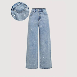 Hot Selling <b>Stretch</b> Washed <b>Denim</b> Straight Pants For Women Classic Casual Design With Beautiful Bead Ornament Details - Product Image 4