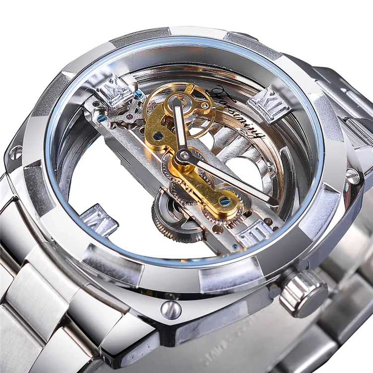 Forsining-Reloj de acero inoxidable para hombre, diseño transparente, mecánico, plateado, esqueleto, automático