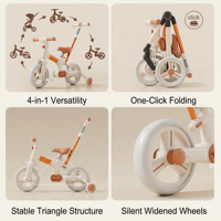 Vente d'usine : Tricycle enfant 4-en-1 de haute qualité avec poignée de poussée, pliable, transformable en poussette et vélo pour bébé