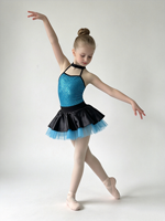 Robe de tutu de ballet à sequins pour filles, col halter, jupe en tulle bleu sur satin noir, costume de danse pour compétition