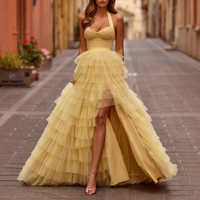 Robe de bal jaune personnalisée, style A-line, sans manches, à volants, plissée, avec fente haute, décolleté cœur, pour soirée formelle