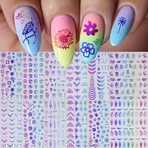 12 pièces coloré français ligne fleur Nail Art autocollants 3D feuilles/fleurs/motifs géométriques ongles décalcomanies auto-adhésif <span class=keywords><strong>manucure</strong></span> - Product Image 2
