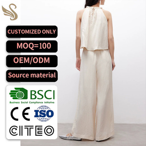 Set Chic Personalizzato per <span class=keywords><strong>Donna</strong></span>: Top in <span class=keywords><strong>Lino</strong></span> con Collo all'Americana e Pantaloni Larghi Plissettati - Servizio OEM/ODM - Product Image 2