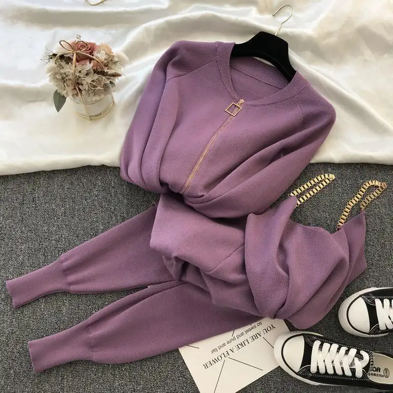 2022New Autumn Fashion Lady's Elegant Chain Vest Zip Cardigan Jacket Knitted Pants 3 Piece Set Women Knit Track Suit Sweater Set
