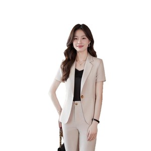 Women's Light Gray Short Sleeve <b>Blazer</b> And Trousers <b>Set</b> Formal Anti-Wrinkle Commute Wear HTN803 - Product Image 5