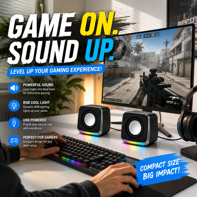 2.0 USB Gaming for PC & Laptop 6W Stereo Custom Branded Mini Speakers with RGB Light Rich Bass USB-C Powered Plug & Play Desktop