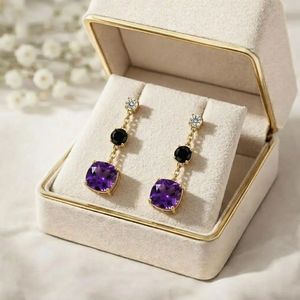 Purple Amethyst Cushion Cut <b>Earrings</b> with Black Obsidian Gemstone Drop Elegant <b>Dangle</b> <b>Earrings</b> in 925 Sterling <b>Silver</b> Handmade - Product Image 6