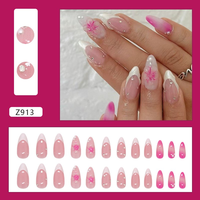 Faux Ongles à Coller de Qualité Supérieure, Prix de Gros Abordable, Longueur Moyenne, Forme Cercueil Amande, Design Français Perlé, 24 Pièces/Boîte