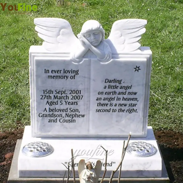 彫刻が施された白い石花崗岩大理石の本墓石墓石天使の記念碑