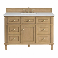 Meuble de salle de bain en chêne clair naturel sur mesure, style classique en bois massif avec plan de travail en quartz, ensemble lavabo simple en céramique de 48 pouces