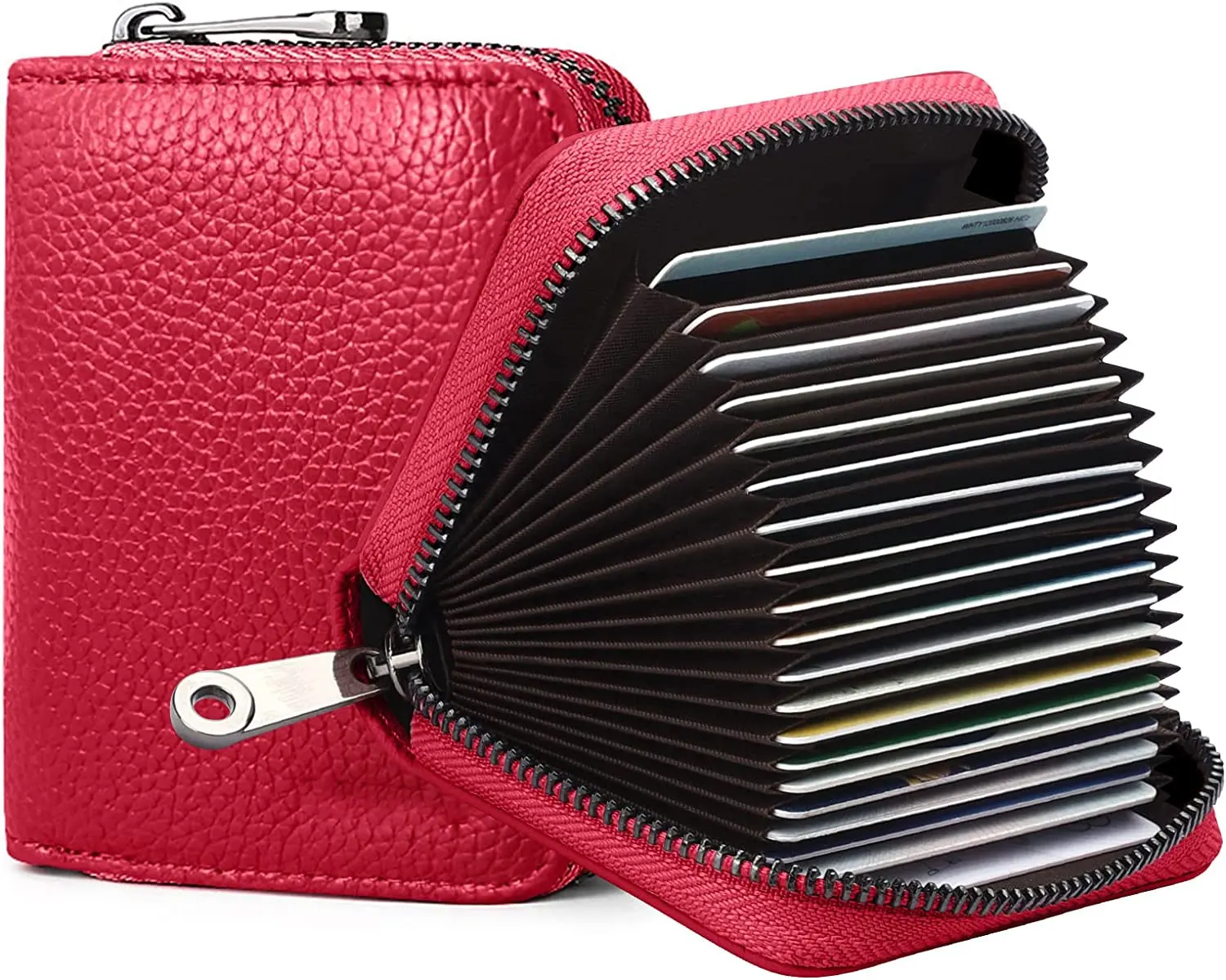RFID 20 Card Slots Credit Card Holder Genuine Leather Small Card Case for Women or Men Accordion Wallet with Zipper Red