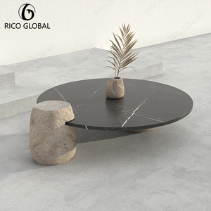 Modern Stone Coffee <b>Table</b> Round Center <b>Table</b> Indoor <b>Outdoor</b> Living Room <b>Side</b> <b>Table</b> Black Marble - Product Image 2